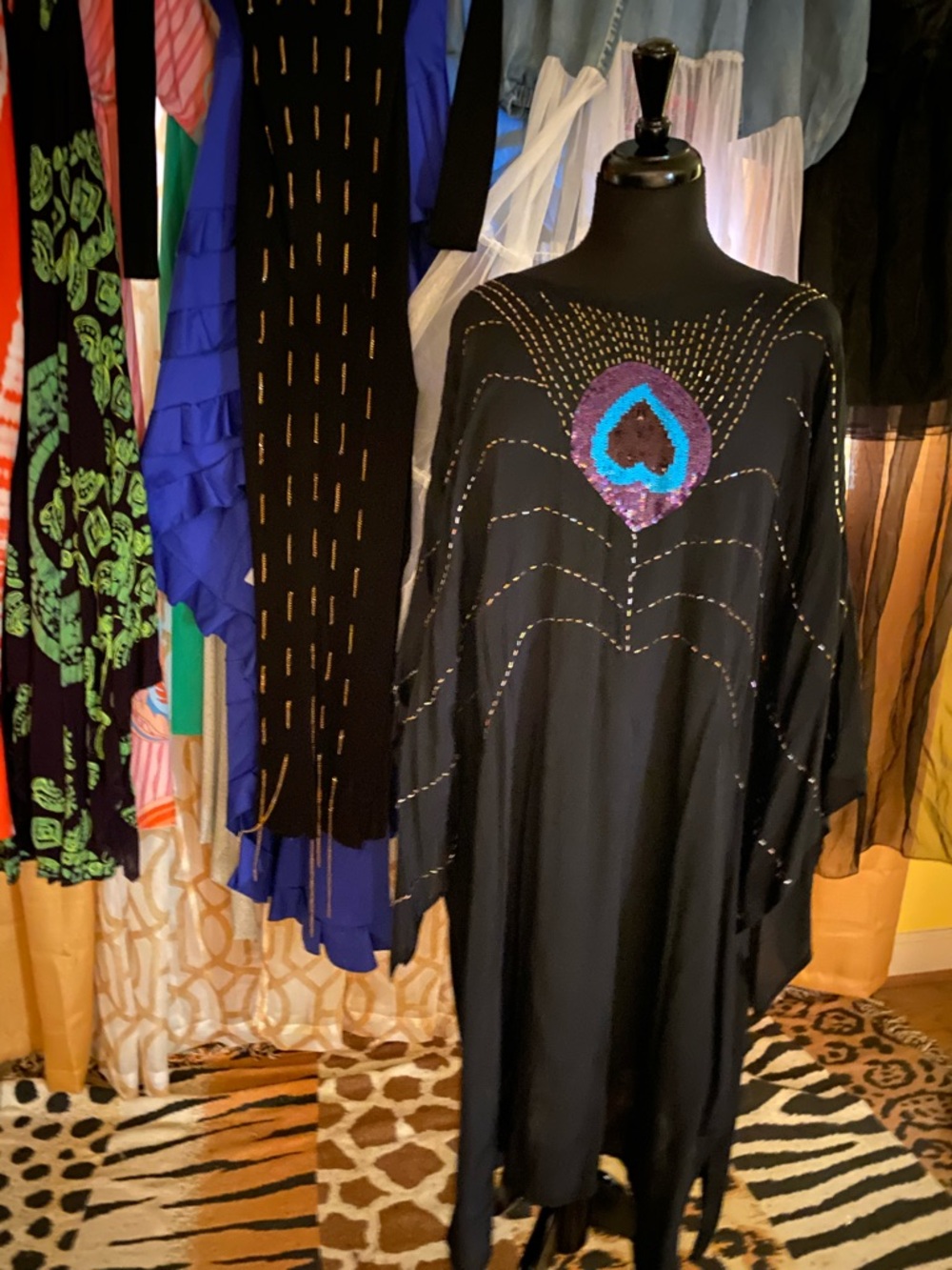 VINTAGE Black Long Sleeve Sequin Peacock Motif Dress